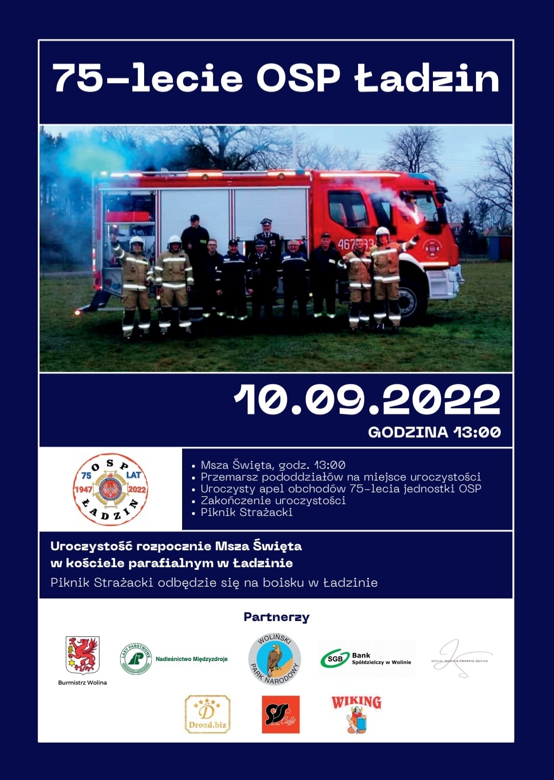 Zaroszenie na 75-lecie Ochotniczej Straży Pożarnej w Ładzinie